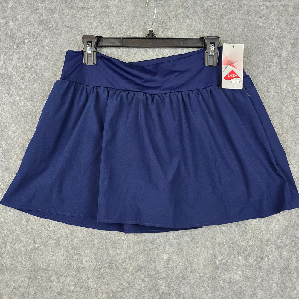 Lands' End Swim Skirt Women 16W Navy Blue Flared Lycra Xtra Life Zip Pocket
